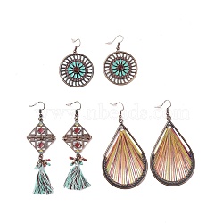 3 Pairs 3 Style Flat Round & Teardrop & Rhombus Cotton Braided Dangle Earrings, Ethnic Bohemian Alloy Big Drop Earrings for Women, Mixed Color, 51~85mm, 1 Pair/style(EJEW-P200-01R)