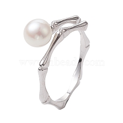 Round Natural Pearl Finger Rings, Rhodium Plated Sterling Silver Cuff Rings for Women, Platinum, Inner Diameter: 17mm(RJEW-P113-11P)