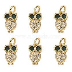 6Pcs Rack Plating Brass Micro Pave Cubic Zirconia Charms, with Jump Ring, Cadmium Free & Lead Free, Owl, Real 18K Gold Plated, 11.5x7x2mm, Jump Ring: 5x1mm, Inner Diameter: 3mm(ZIRC-SZ0003-82)
