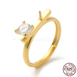 925 Sterling Silver Micro Pave Cubic Zirconia Adjustable Ring Settingss, for Half Drilled Beads, with S925 Stamp, Real 18K Gold Plated, US Size 7(17.3mm), Pin: 0.9mm(STER-NH0001-64G)