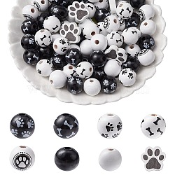 75Pcs 8 Styles Spray Painted Wood Beads Sets, for Jewelry Making, Round & Dog Paw Print, White, Black, 15.5~20x15.5~20x4~15.5mm, Hole: 2.6~4mm(WOOD-YW0001-11)
