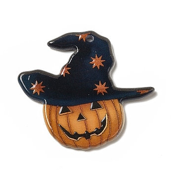 Halloween Printed Acrylic Pendants, Pumpkin Jack-O'-Lantern with Hat Charm, Pumpkin Pattern, 33x36.5x2.5mm, Hole: 2mm