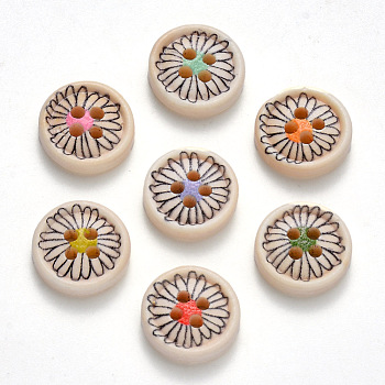 2-Hole Wooden Buttons, Single-Sided Printed, Flat Round with Flower, Mixed Color, 15x4mm, Hole: 2mm