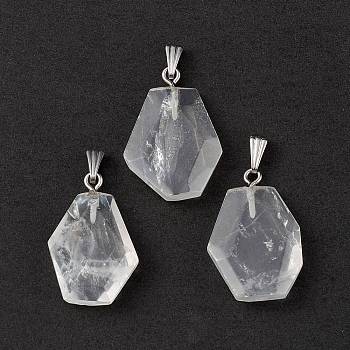Natural Quartz Crystal Pendants, Rock Crystal Pendants, Faceted Polygon Charms, with Stainless Steel Color Plated 201 Stainless Steel Snap on Bails, 21~29x16~23x6~8mm, Hole: 2x7mm