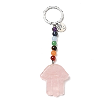 Natural Rose Quartz Chakra Keychain, with Iron Split Key Rings and Flat Round Alloy Charms, Hamsa Hand, 11.5cm