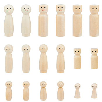 18Pcs 9 Style Unfinished Wooden Peg Dolls Display Decorations, for Painting Craft Art Projects, Beige, 15~21.5x34~71mm, 2pcs/style