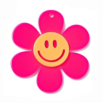 Opaque Acrylic Big Pendants, Sunflower with Smiling Face Charm, Deep Pink, 55x50.5x5mm, Hole: 2.5mm