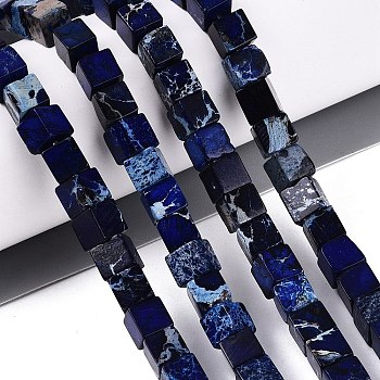 Natural Imperial Jasper Beads, Dyed, Cube, Prussian Blue, 5.5~6.5x5.5~6.5x5.5~6.5mm, Hole: 0.7~0.9mm, about 65~66pcs/strand, 15.75~15.94 inch(40~40.5cm)