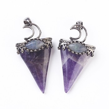 Natural Amethyst Big Pendants, with Brass Findings, Triangle, Antique Silver, 53~58x28~29x16~18mm, Hole: 5x7mm