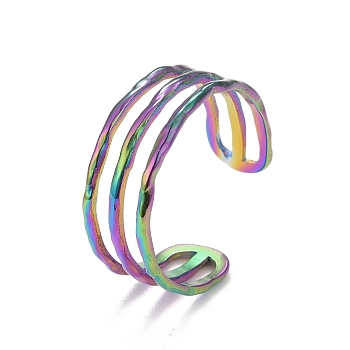 Ion Plating(IP) Rainbow Color 304 Stainless Steel Triple Line Open Cuff Ring for Women, US Size 9(18.9mm)