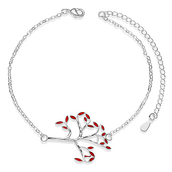 SHEGRACE Brass Link Anklets, with Epoxy Resin and Cable Chains, Tree, Platinum, Red, 8-1/4 inch(21cm)