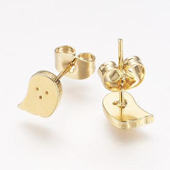 304 Stainless Steel Stud Earrings, Hypoallergenic Earrings, Ghost, Golden, 7x5.5x1.5mm, pin: 0.8mm