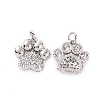 Rack Plating Brass Micro Pave Cubic Zirconia Charms, with Jump Ring, Long-Lasting Plated, Cadmium Free & Lead Free, Dog's Paw Print Charm, Platinum, 15x14.5x3mm, Hole: 3mm