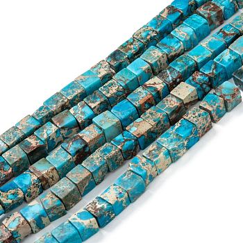 Natural Imperial Jasper Beads Strands, Dyed, Cube, Deep Sky Blue, 7x7x7mm, Hole: 1.2mm, about 59~60pcs/strand, 15.1~15.3 inch(38.5~39cm)