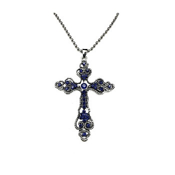 Cross Zinc Alloy Pendant Necklace, with Rhinestone, Capri Blue, 27.56 inch(70cm)