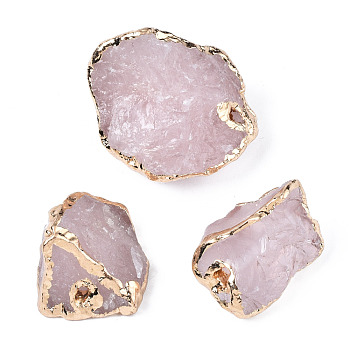 Plated Natural Rose Quartz Beads, with Light Gold Brass Findings, Nuggets, 23~28x15.5~28.5x13.5~20.5mm, Hole: 3mm