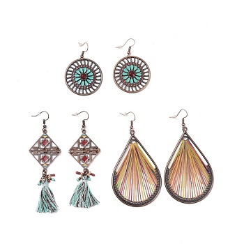 3 Pairs 3 Style Flat Round & Teardrop & Rhombus Cotton Braided Dangle Earrings, Ethnic Bohemian Alloy Big Drop Earrings for Women, Mixed Color, 51~85mm, 1 Pair/style