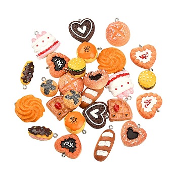 26Pcs 13 Styles Opaque Resin Pendants, Play Food, with Platinum Tone Iron Loop, Imitation Food, Mixed Shapes, Orange, 20~33x11~27x6~15mm, Hole: 2mm, 2pcs/style