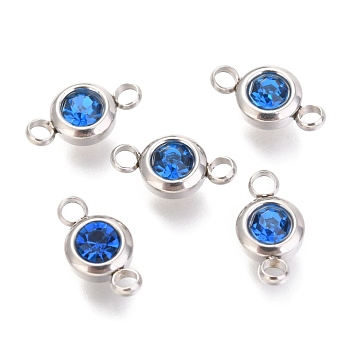 304 Stainless Steel Rhinestone Links Connectors, Flat Round, Stainless Steel Color, Sapphire, 12x6.5x4mm, Hole: 2mm