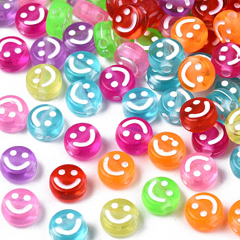Transparent Acrylic Beads, Flat Round with Enamel Smiling Face, Mixed Color, 7x4mm, Hole: 1.6mm, about 415pcs/50g