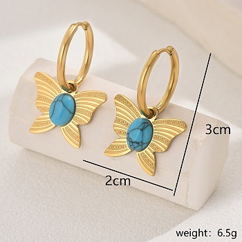 Stainless Steel & Synthetic Turquoise Butterfly Pendant Hoop Earrings for Women, Golden, 30x20mm