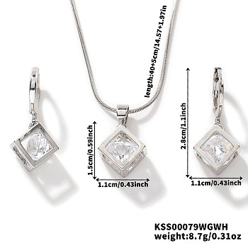 Fashionable European and American Style Brass Rhinestones Earrings & Necklaces for Women, Cube, Platinum, 