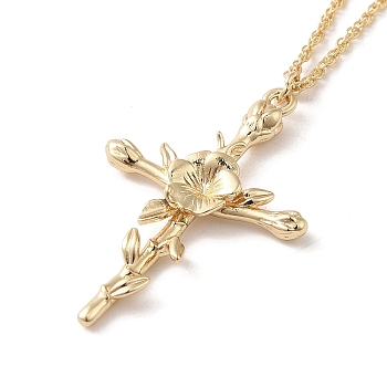 304 Stainless Steel Cross with Flower Pendant Necklaces for Women, Golden, 17.91 inch(45.5cm)