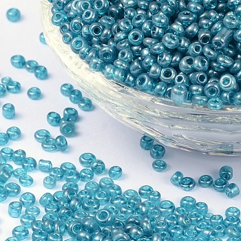 (Repacking Service Available) Glass Seed Beads, Trans. Colours Lustered, Round, LiGoht Cyan, 8/0, 3mm, Hole: 1mm, about 12G/bag