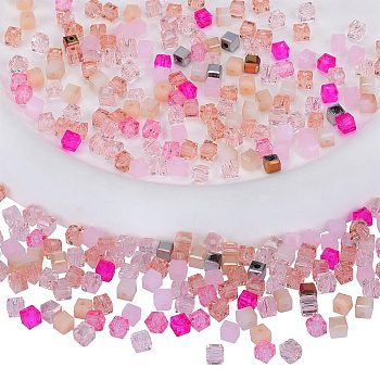 2 Bags Imitation Artificial Crystal Glass Beads, Faceted Cube, Mixed Style, Pink, 4x4x4mm, Hole: 1.2mm, about 100pcs/bag