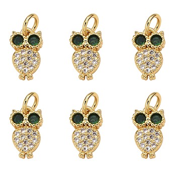 6Pcs Rack Plating Brass Micro Pave Cubic Zirconia Charms, with Jump Ring, Cadmium Free & Lead Free, Owl, Real 18K Gold Plated, 11.5x7x2mm, Jump Ring: 5x1mm, Inner Diameter: 3mm