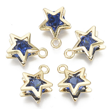 Brass Micro Cubic Zirconia Charms, Star, Light Gold, Royal Blue, 15x11.5x5.5mm, Hole: 1.8mm