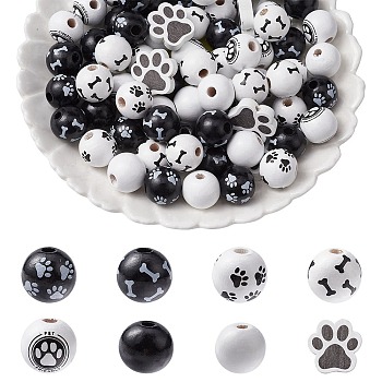 75Pcs 8 Styles Spray Painted Wood Beads Sets, for Jewelry Making, Round & Dog Paw Print, White, Black, 15.5~20x15.5~20x4~15.5mm, Hole: 2.6~4mm