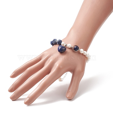 Pulsera con dije de corazón de lapislázuli natural con cadenas de perlas naturales para mujer(BJEW-TA00255-01)-3