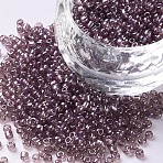 12/0 Glass Seed Beads, Trans. Colours Lustered, Round, Rosy Brown, 2mm, Hole: 1mm, 3333pcs/50g, 50g/bag, 18bags/2pounds(SEED-US0003-2mm-116)
