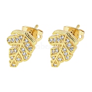 Brass Micro Pave Cubic Zirconia Ear Studs, Real 18K Gold Plated, Leaf, 12.5x8.5mm(EJEW-P261-28B-G)