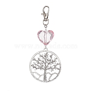 Flat Round with Tree of Life Alloy Pendant Decorations, Glass Heart and Swivel Lobster Claw Clasps Charm, Antique Silver & Platinum, 113mm(HJEW-JM01404)