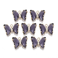 Glass Pendants, with Micro Pave Cubic Zirconia and Brass Open Back Settings, Faceted, Butterfly, Light Gold, Indigo, 15.5x20x4mm, Hole: 1.8mm(GLAA-T021-24E)