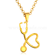 SHEGRACE Stainless Steel Pendant Necklaces, with Lobster Claw Clasps and Rolo Chains, Stethoscope, Real 18K Gold Plated, 23.62 inch(60cm), Pendant: 28x38mm(JN073B-X)