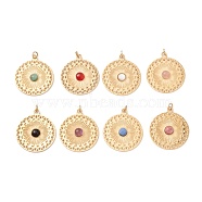 Natural Mixed Stone Pendants, with Ion Plating(IP) 304 Stainless Steel Findings, Flat Round, 24.5x21x3mm, Jump Ring: 4x0.6mm, 2.8mm Inner Diameter(STAS-E043-01G)