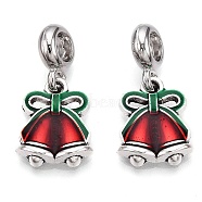 Alloy Enamel European Dangle Charms, Large Hole Pendants, Christmas Bell, Antique Silver, 26mm, Hole: 4.5mm, Bell: 16x13.5x3.5mm(PALLOY-I218-33AS)