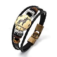Braided Leather Cord Retro Multi-strand Bracelets, with Wood Beads, Hematite Beads and Alloy Findings, Flat Round,  Antique Bronze, Capricorn, 8-1/4 inch(21cm)(BJEW-L616-20J)