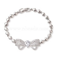 Brass Bowknot Link Bracelets, with Clear Cubic Zirconia, Long-Lasting Plated, Lead Free & Cadmium Free, Platinum, 7-1/4 inch(18.5cm)(BJEW-D039-45P)