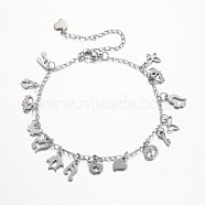 304 Stainless Steel Charms Anklets, with Lobster Claw Clasps, Stainless Steel Color, 225mm(AJEW-AN00106)