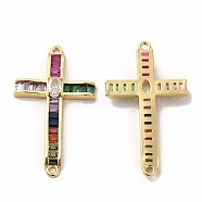 Rack Plating Brass Pave Cubic Zirconia Connector Charms, Cadmium Free & Lead Free, Real 18K Gold Plated, Religion Cross Links, Colorful, 39x22x4mm, Hole: 1.2mm(KK-G456-03G)