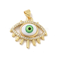 Brass Micro Pave Cubic Zirconia Pendants, with Enamel, Cadmium Free & Lead Free, Long-Lasting Plated, Evil Eye, Real 18K Gold Plated, Green, 20x24x6.5mm, Hole: 4x3.5mm(KK-B059-41G-B)