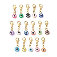 16Pcs 16 Styles Evil Eye Resin Pendant Decorations, Alloy Lobster Claw Clasps Charms for Bag Ornaments, Golden, 27mm, 1pc/style(HJEW-JM01952-01)