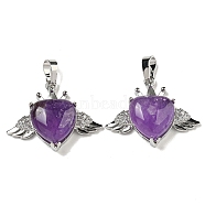 Natural Amethyst with Clear Cubic Zirconia Pendants, Heart & Wing Charms with Rack Plating Brass Findings, Platinum, Cadmium Free & Lead Free, 25x31.5x8.5~9mm, Hole: 7.9x5mm(G-G133-02P-22)