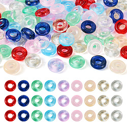 Pandahall 90Pcs 9 Colors Transparent Glass European Beads, Large Hole Beads, Donut, Mixed Color, 10x3mm, Hole: 3.0~4.3mm, 10pcs/color(GLAA-TA0001-79)