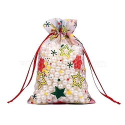 Organza Printed Gift Bags with Drawstring, Jewelry Pouches, Wedding Party Christmas Favor Gift Bags, Rectangle, Star, 9x7cm(PW-WG00D7C-02)