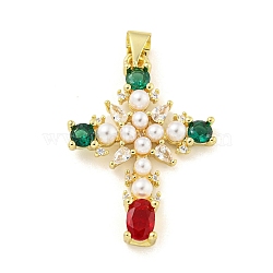 Rack Plated Brass Pendant, Cubic Zirconia and ABS Pearl, Lead Free & Cadmium Free, Long-Lasting Plated, Cross, Real 18K Gold Plated, 29x20.5x4.5mm, Hole: 4.5x3.5mm(KK-P270-11G)